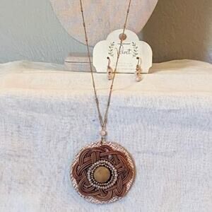 Velvet Pink Stone Bead Rattan Pendant and Earring Set in Gold Tone